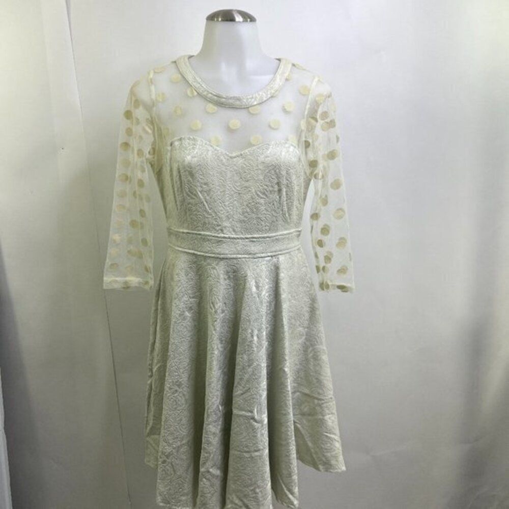 Ryu M Jacquard Midi Length Dress Polka Dot Lace Fit Flare A-line Beige Sheer